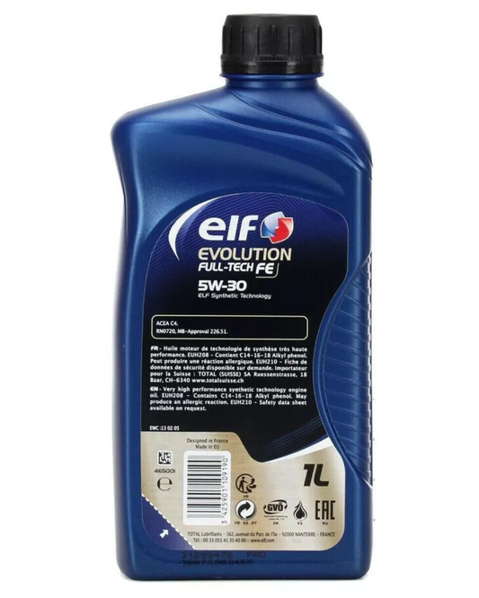 Elf Evolution Full-Tech FE 5W-30 Olio Motore 100% Sintetico ACEA C3 RN17 C4 MB 229.51 VW 504.00 507.00 LongLife